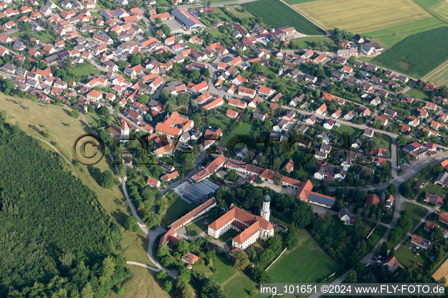 Aerial photograpy of Complex of buildings of the monastery Moenchsdeggingen in Moenchsdeggingen in the state Bavaria, Germany