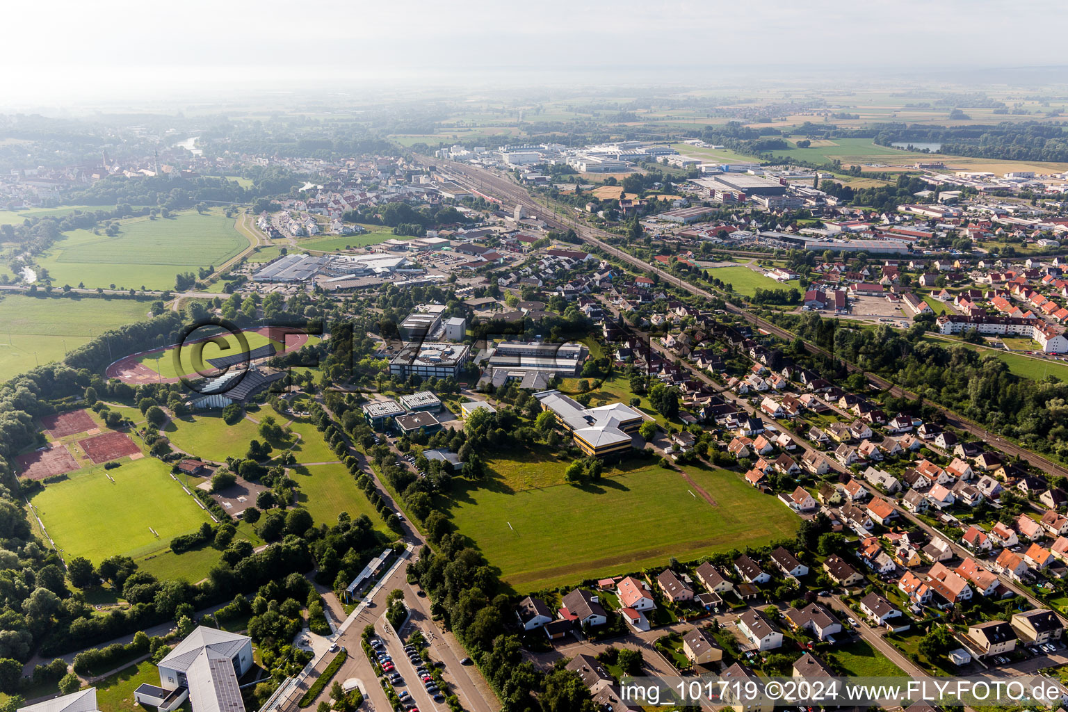 Aerial view of Ensemble of sports grounds of Hans-Leipelt-Schule and Ludwig-Boelkow-Schule, Staatliche Berufsschule Donauwoerth, Technikerschule in Donauwoerth in the state Bavaria, Germany