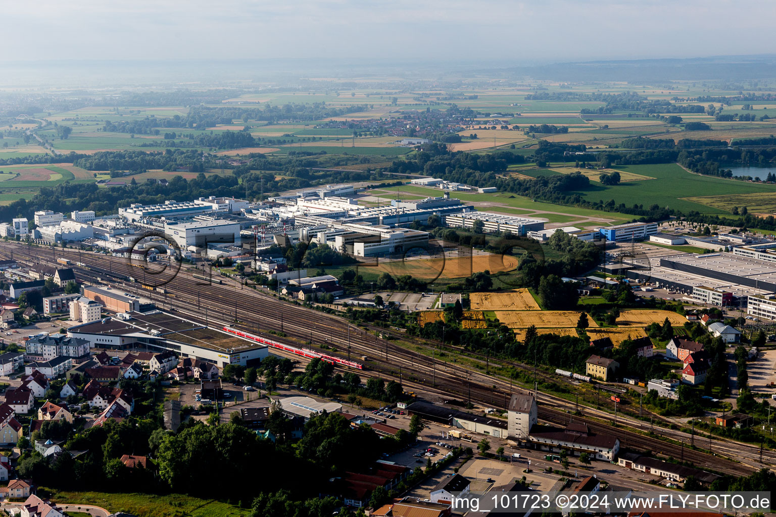 Industrial and commercial area south of railway station in the district Riedlingen in Donauwoerth in the state Bavaria, Germany