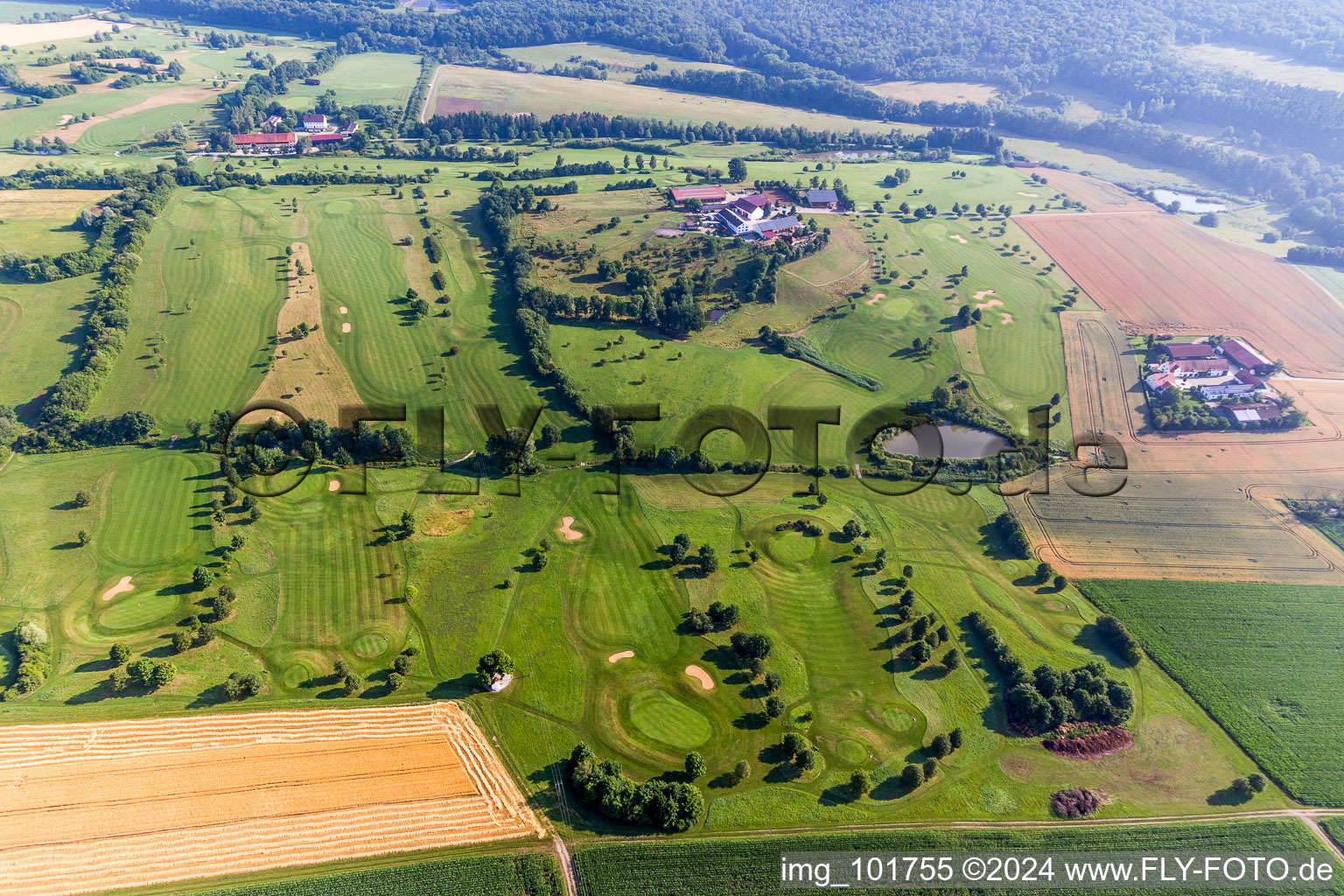 Aerial view of Grounds of the Golf course at of Golfclub Donauwoerth Gut Lederstatt in Donauwoerth in the state Bavaria, Germany