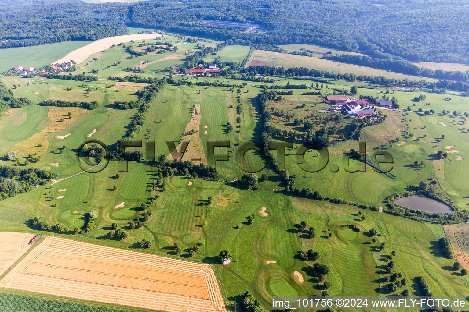 Aerial photograpy of Grounds of the Golf course at of Golfclub Donauwoerth Gut Lederstatt in Donauwoerth in the state Bavaria, Germany