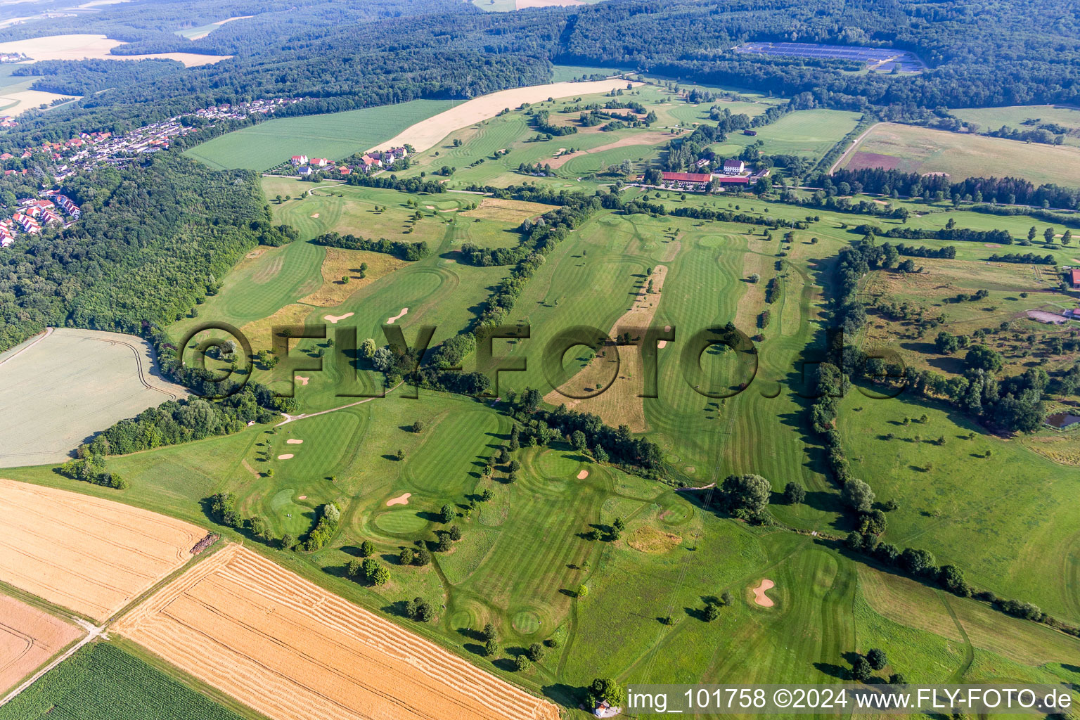 Grounds of the Golf course at of Golfclub Donauwoerth Gut Lederstatt in Donauwoerth in the state Bavaria, Germany from above