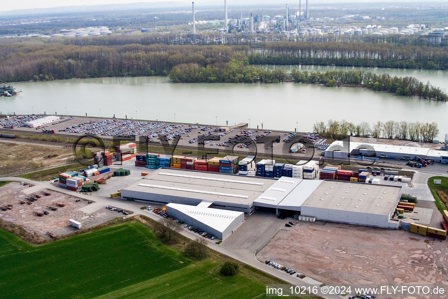 Oblique view of Industrial area Oberwald Rheinhafen in Wörth am Rhein in the state Rhineland-Palatinate, Germany