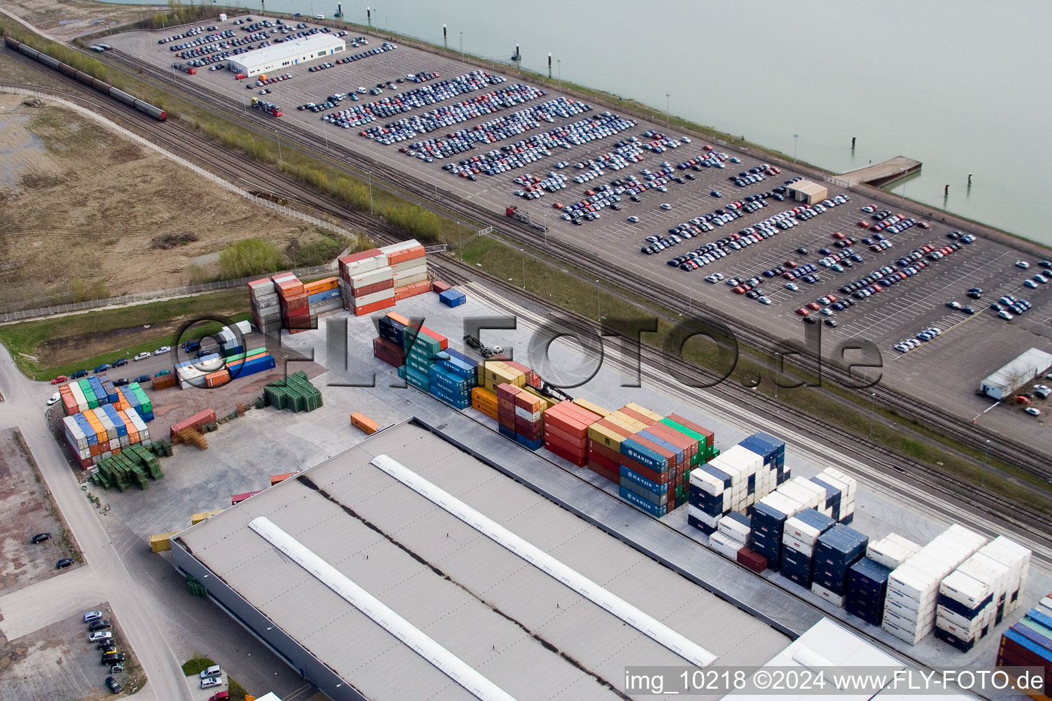 Aerial view of Industrial area Oberwald Rheinhafen in Wörth am Rhein in the state Rhineland-Palatinate, Germany