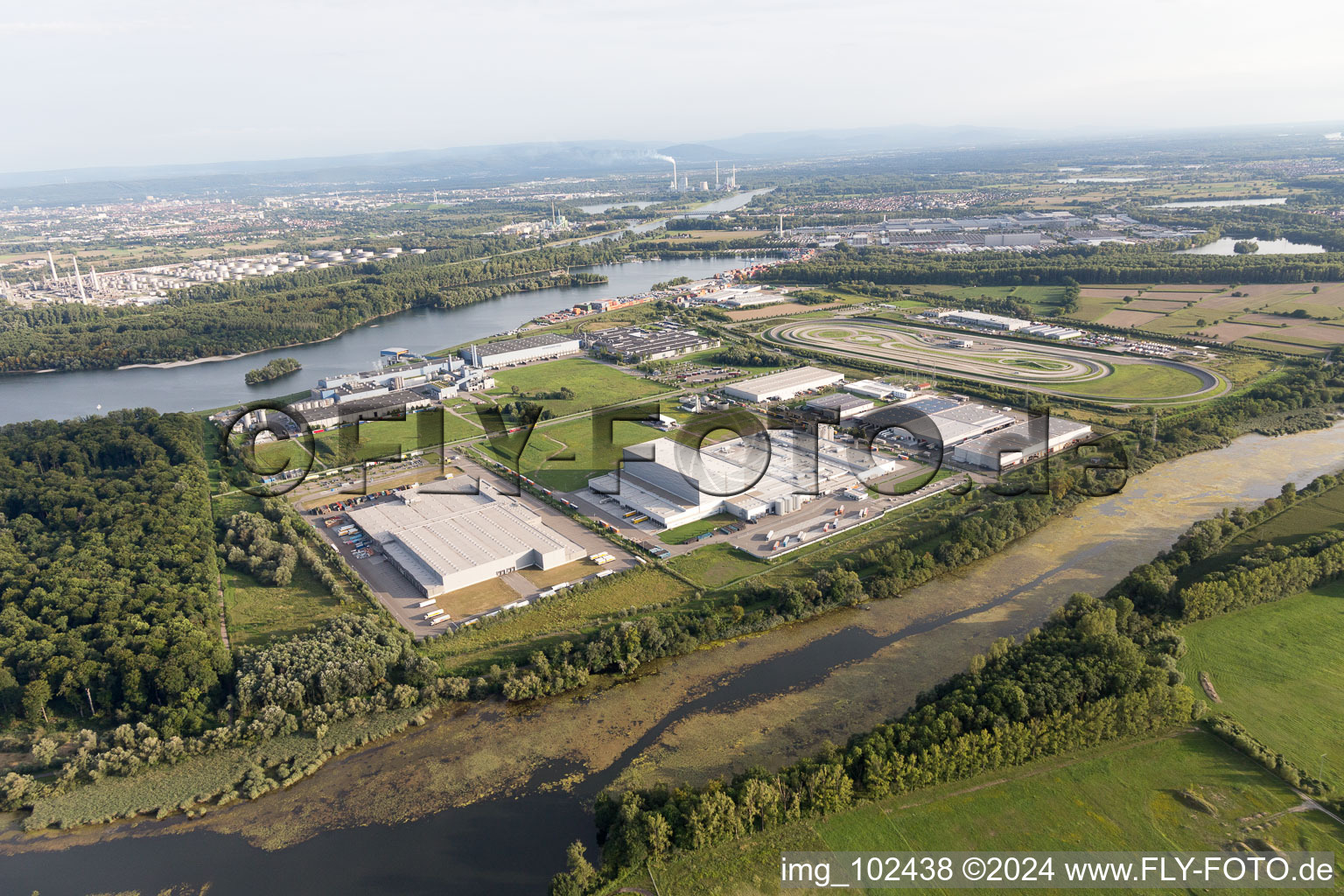 Aerial view of Oberwald industrial area from the northwest in Wörth am Rhein in the state Rhineland-Palatinate, Germany