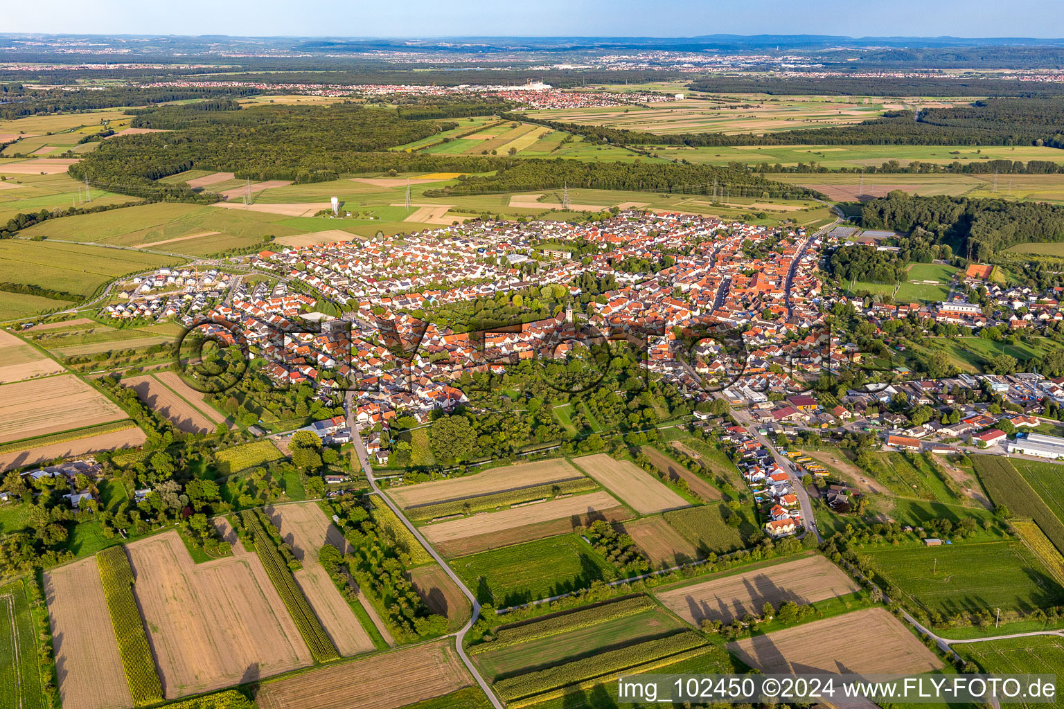 Aerial view of From the west in the district Liedolsheim in Dettenheim in the state Baden-Wuerttemberg, Germany