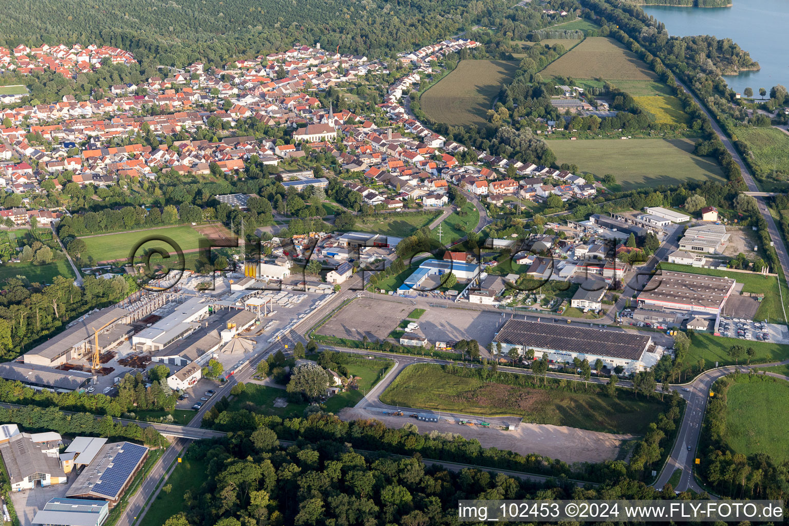 Aerial view of District Huttenheim in Philippsburg in the state Baden-Wuerttemberg, Germany