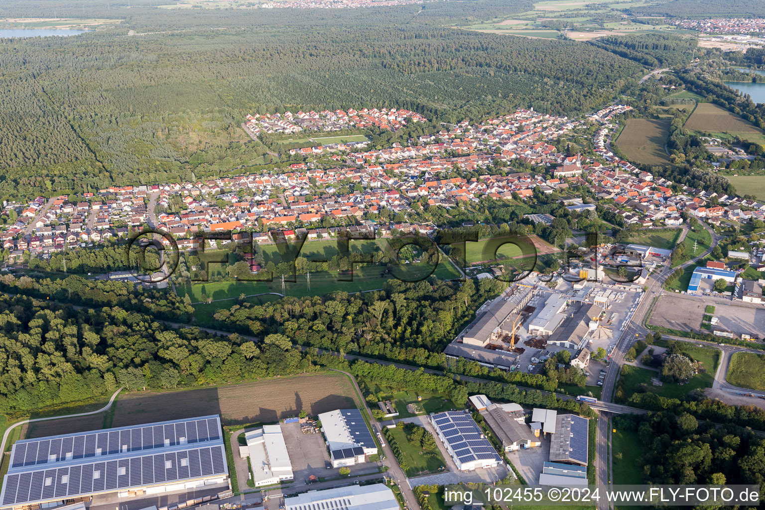 Oblique view of District Huttenheim in Philippsburg in the state Baden-Wuerttemberg, Germany