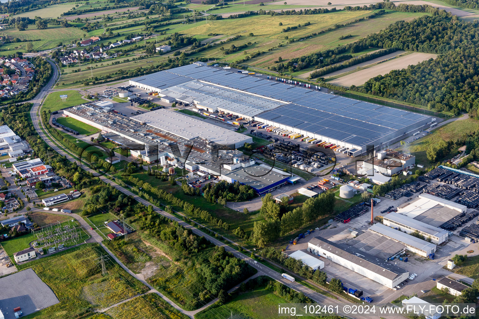 Aerial view of Building and production halls on the premises of Goodyear Dunlop Tires Germany on Goodyearstrasse in Philippsburg in the state Baden-Wurttemberg, Germany. Involved is: Goodyear Dunlop Tires Germany GmbH