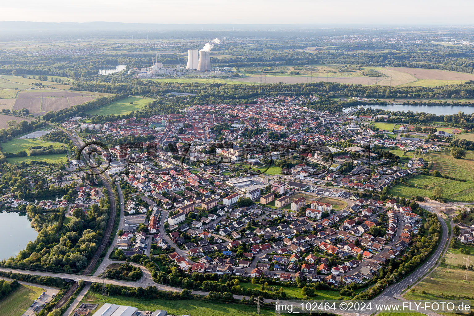 Nuclear power plant from the east in Philippsburg in the state Baden-Wuerttemberg, Germany