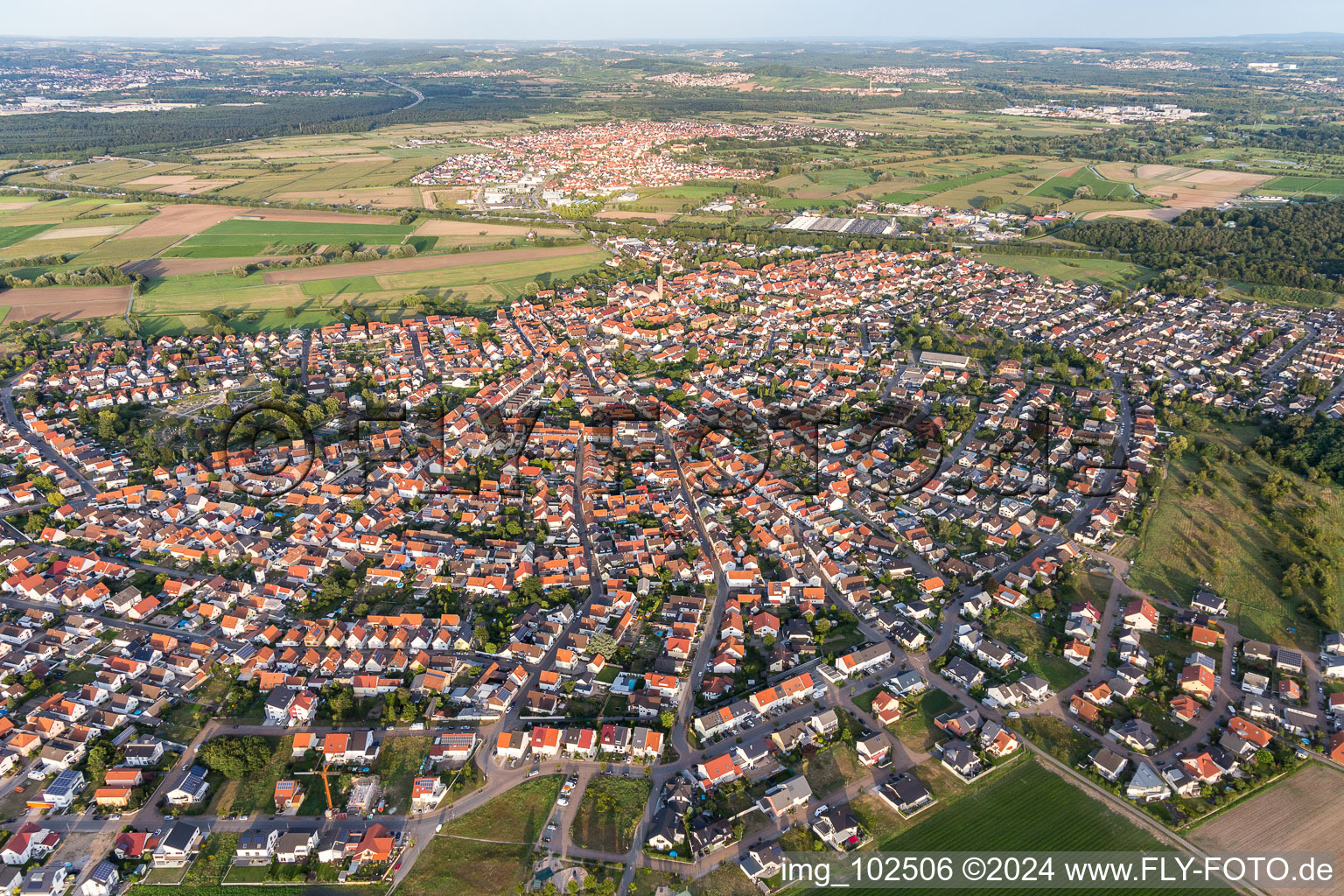 Aerial view of Town View of the streets and houses of the residential areas in Sankt Leon in the state Baden-Wurttemberg, Germany