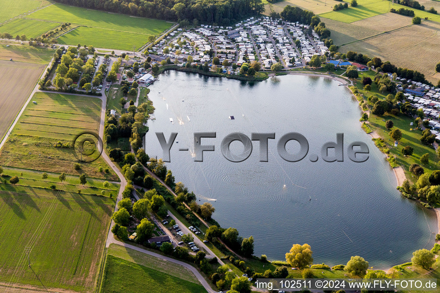 Aerial view of Leisure center of water skiing - racetrack in Sankt Leon-Rot in the state Baden-Wurttemberg, Germany