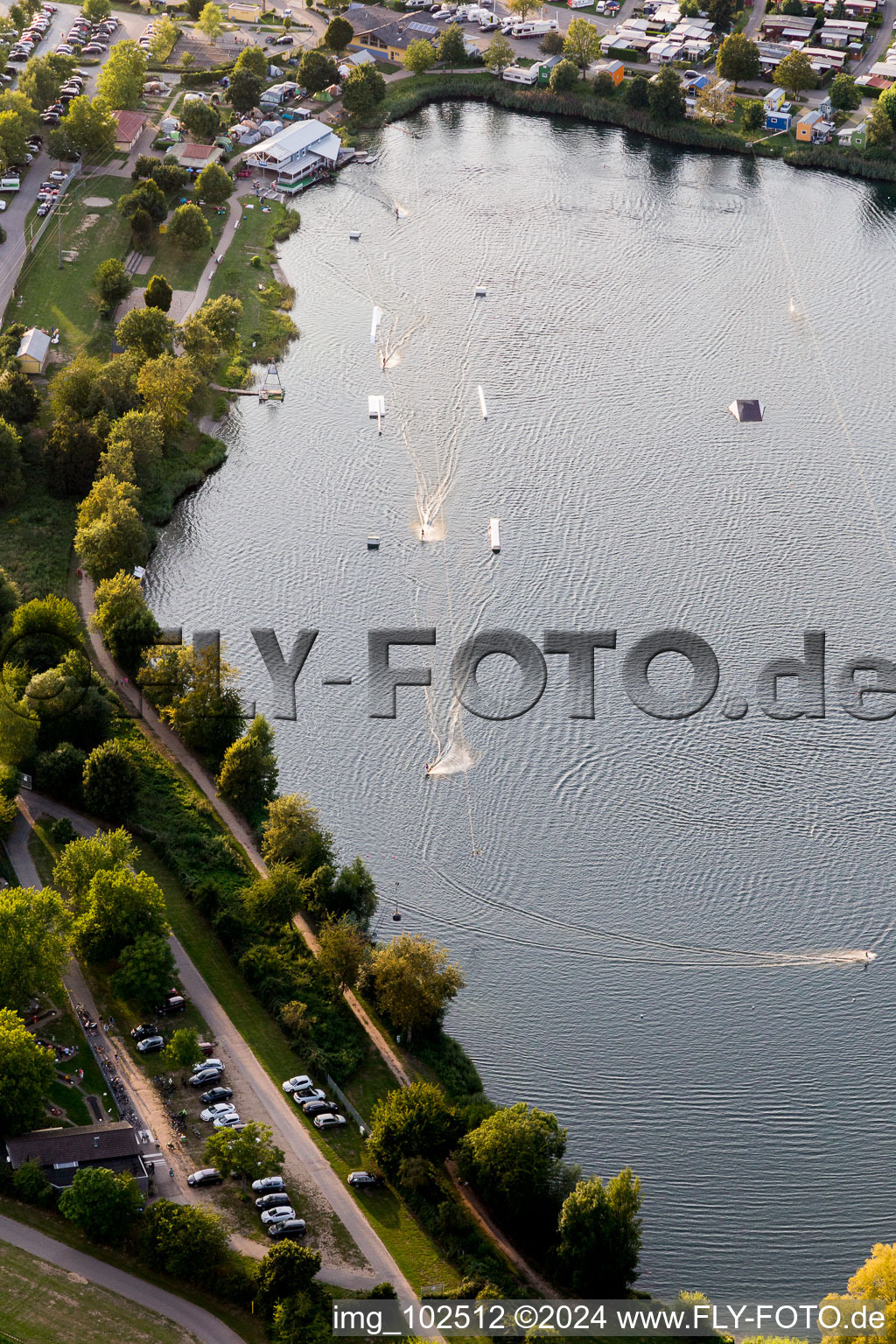 Aerial view of St. Leoner See, water ski facility in the district Sankt Leon in St. Leon-Rot in the state Baden-Wuerttemberg, Germany