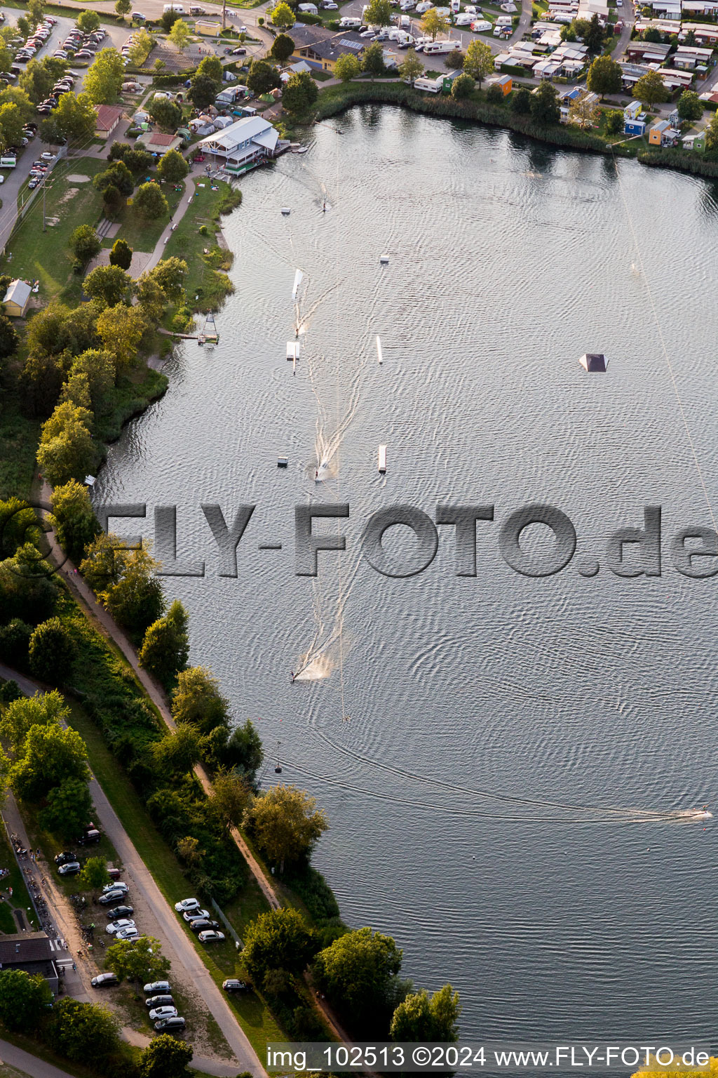 Aerial photograpy of St. Leoner See, water ski facility in the district Sankt Leon in St. Leon-Rot in the state Baden-Wuerttemberg, Germany