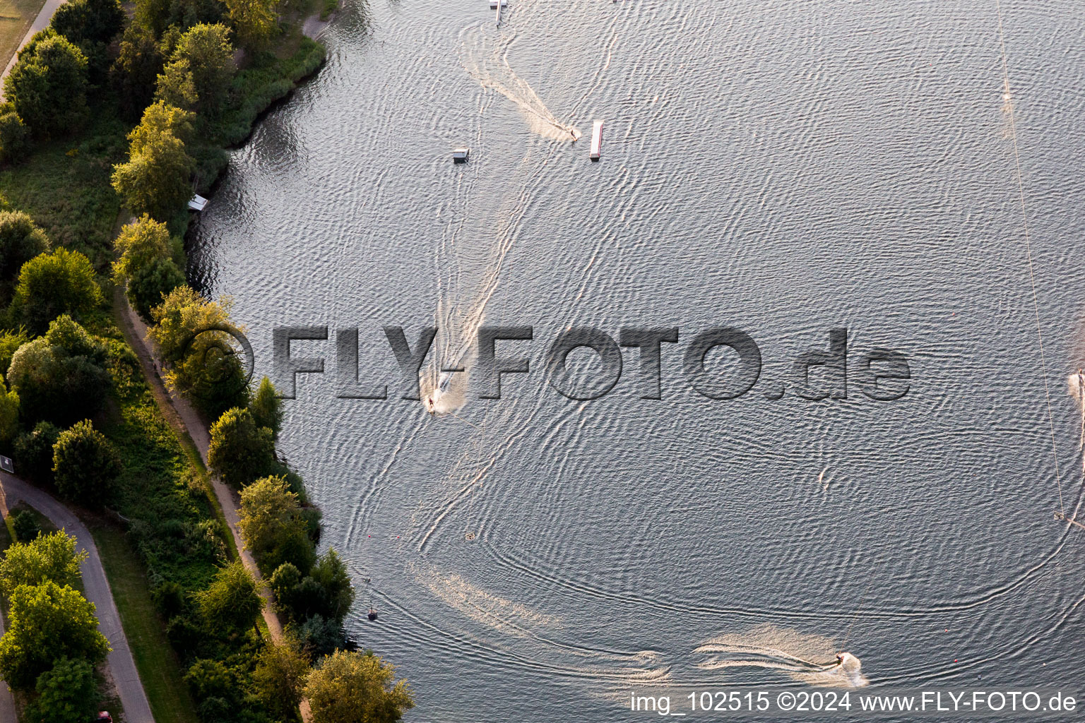 Oblique view of St. Leoner See, water ski facility in the district Sankt Leon in St. Leon-Rot in the state Baden-Wuerttemberg, Germany