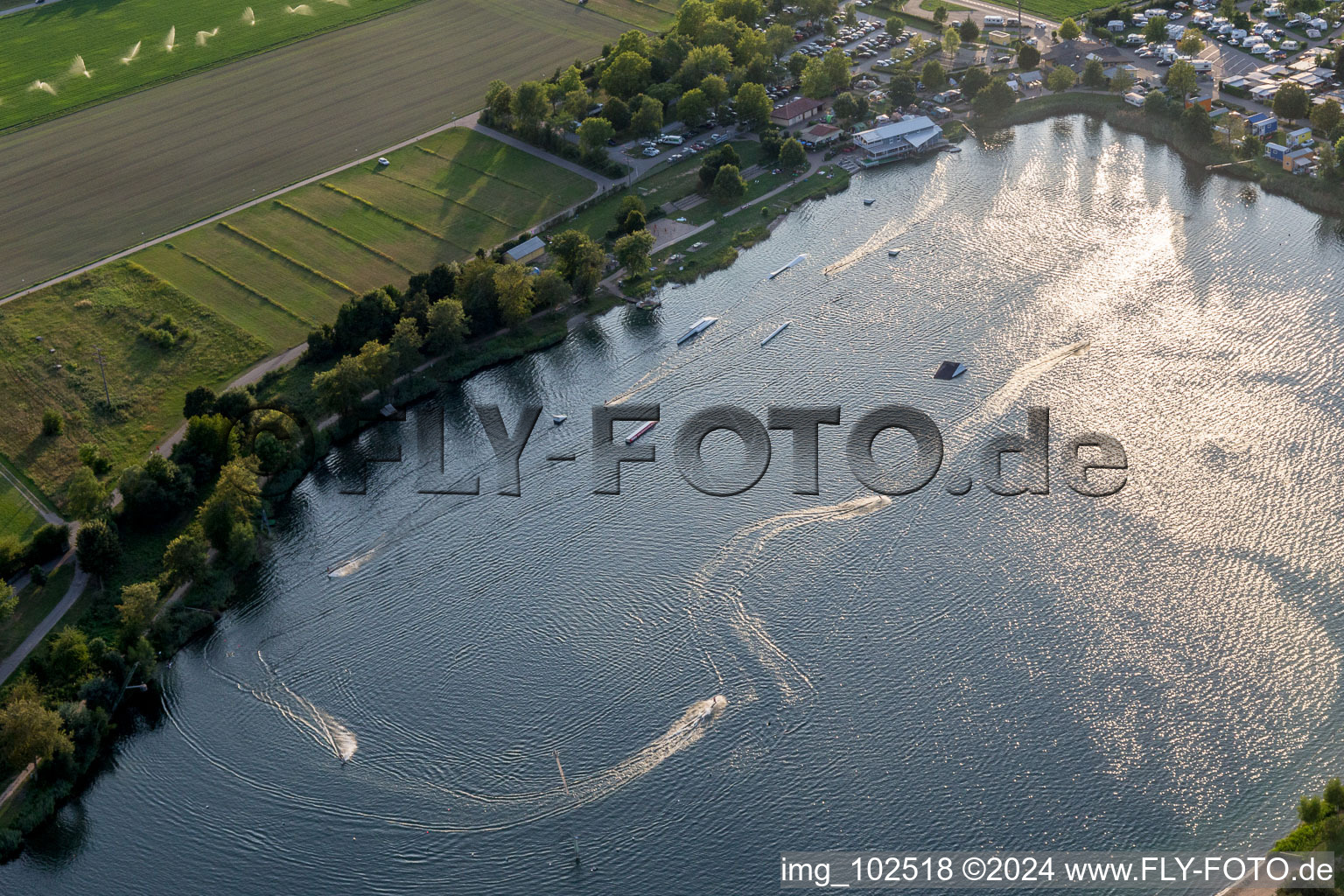 Oblique view of Leisure center of water skiing - racetrack in Sankt Leon-Rot in the state Baden-Wurttemberg, Germany
