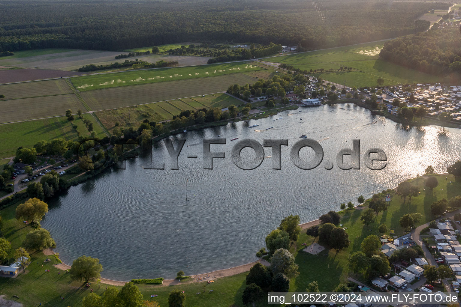 Bird's eye view of St. Leoner See, water ski facility in the district Sankt Leon in St. Leon-Rot in the state Baden-Wuerttemberg, Germany