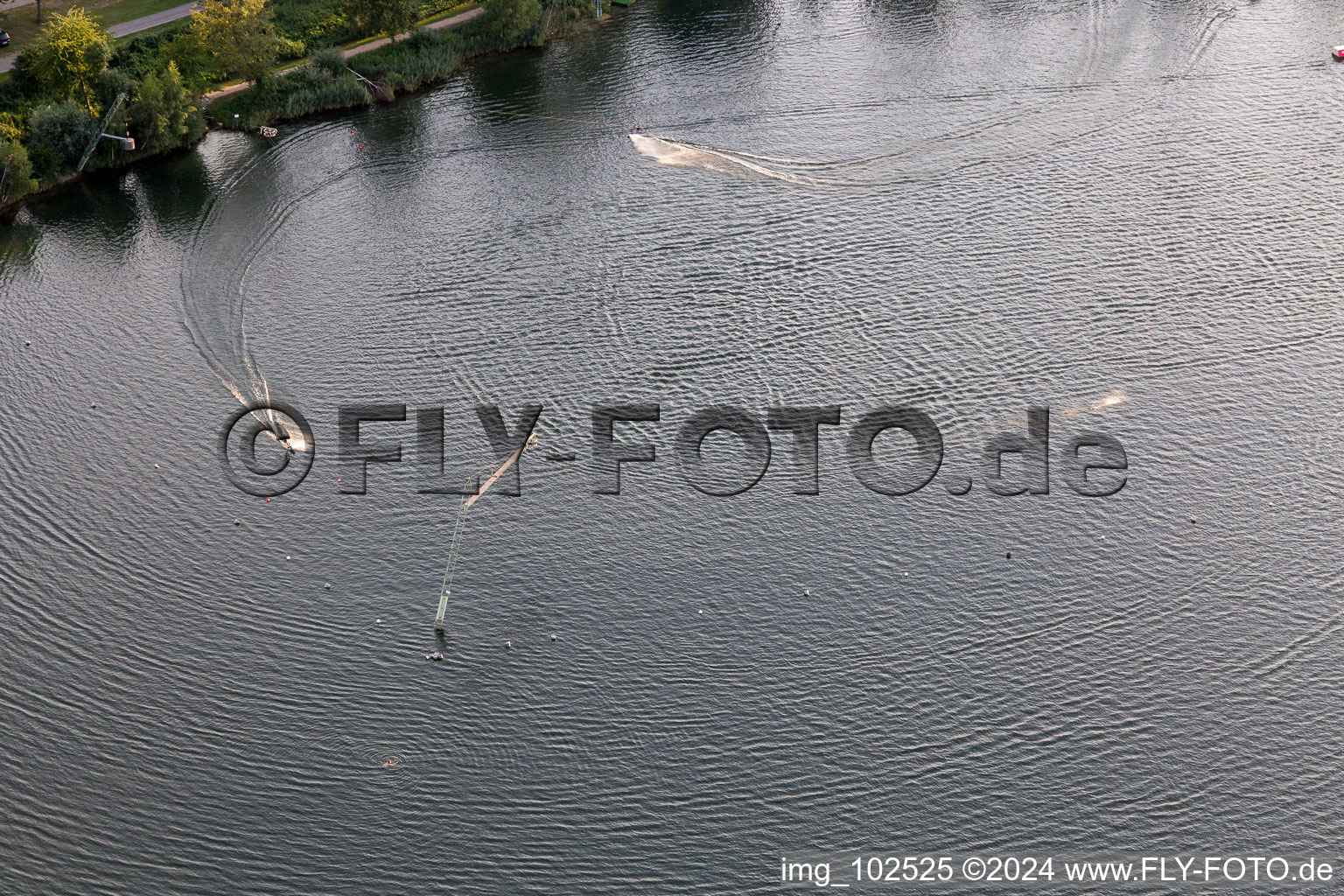 Drone recording of St. Leoner See, water ski facility in the district Sankt Leon in St. Leon-Rot in the state Baden-Wuerttemberg, Germany