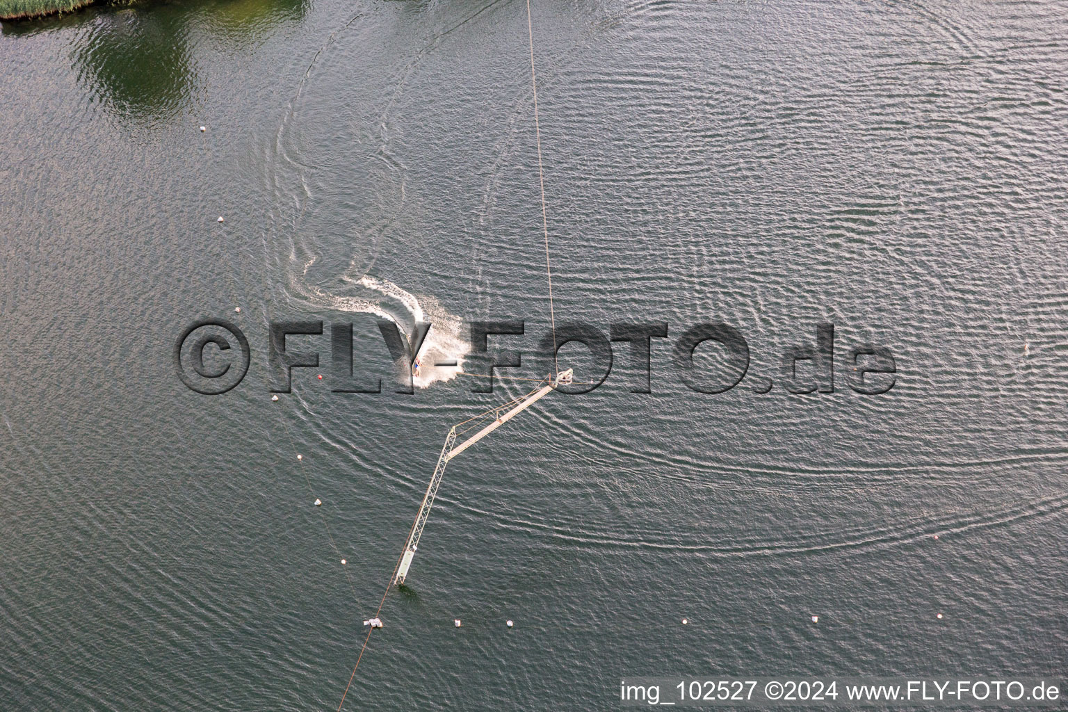 Drone image of St. Leoner See, water ski facility in the district Sankt Leon in St. Leon-Rot in the state Baden-Wuerttemberg, Germany