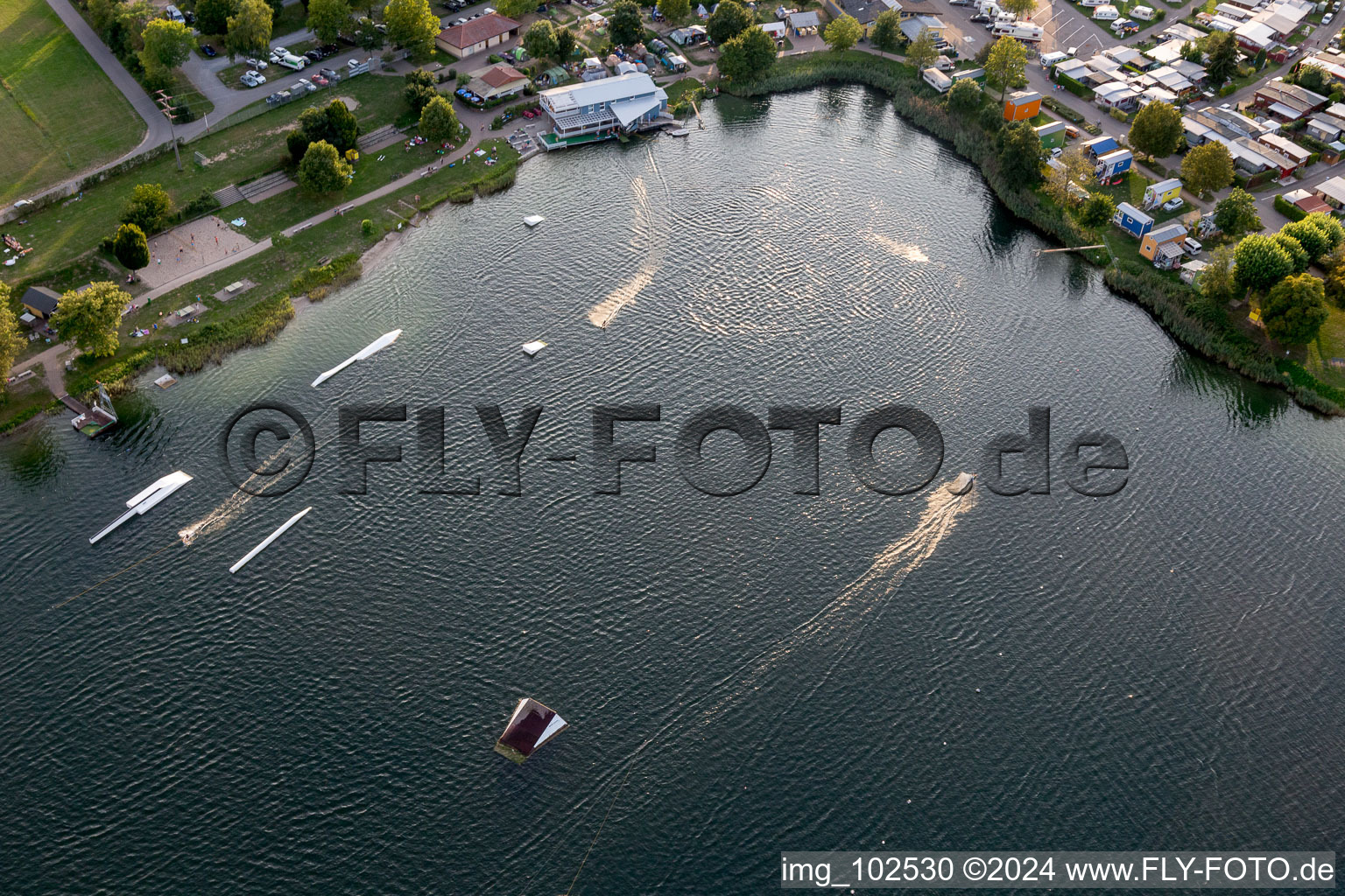 St. Leoner See, water ski facility in the district Sankt Leon in St. Leon-Rot in the state Baden-Wuerttemberg, Germany from a drone