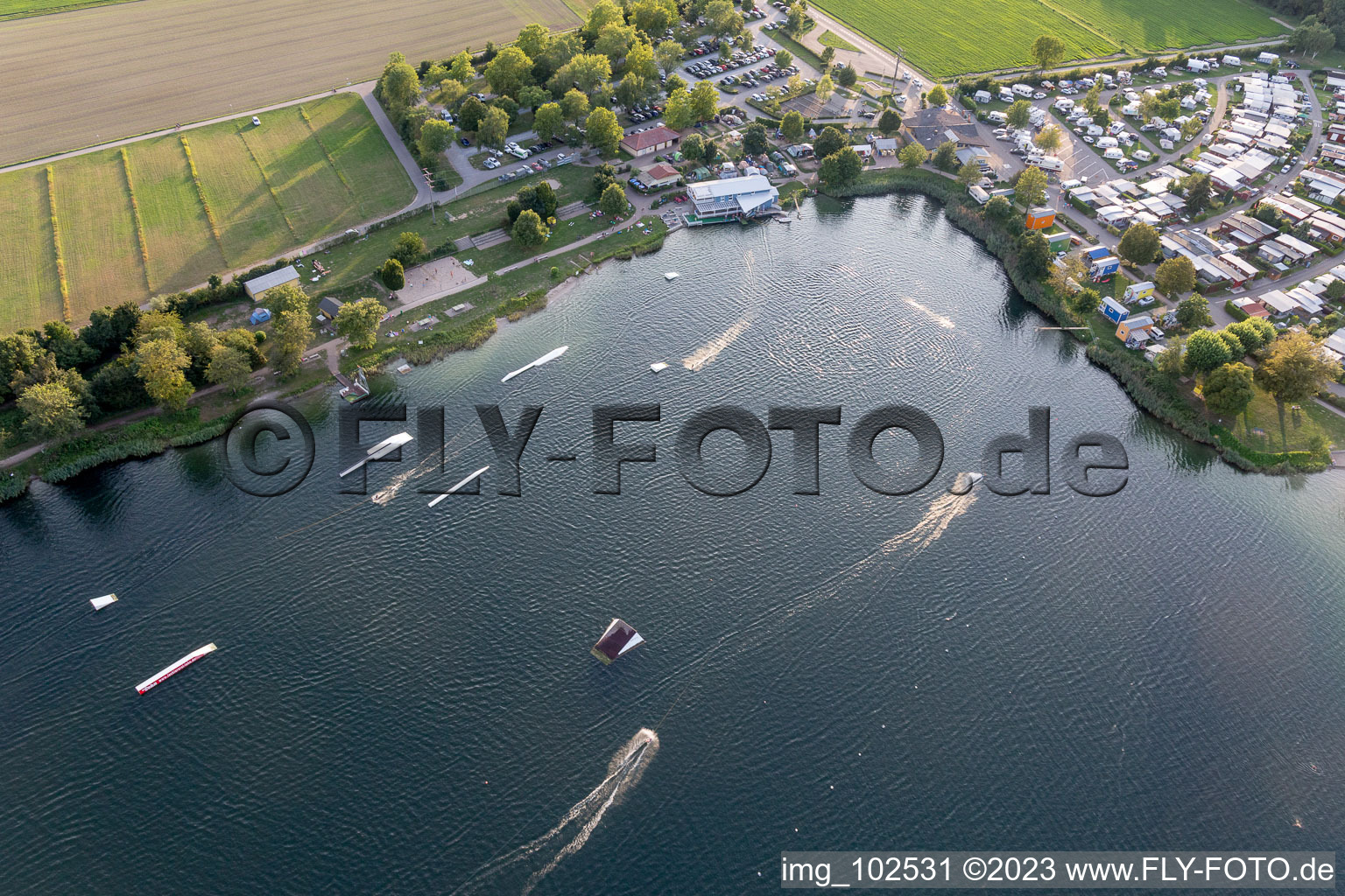 St. Leoner See, water ski facility in the district Sankt Leon in St. Leon-Rot in the state Baden-Wuerttemberg, Germany seen from a drone