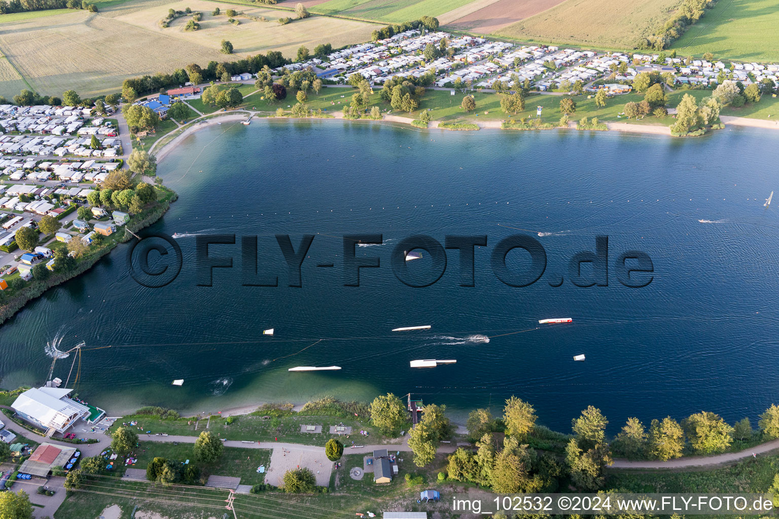 Aerial view of St. Leoner See, water ski facility in the district Sankt Leon in St. Leon-Rot in the state Baden-Wuerttemberg, Germany