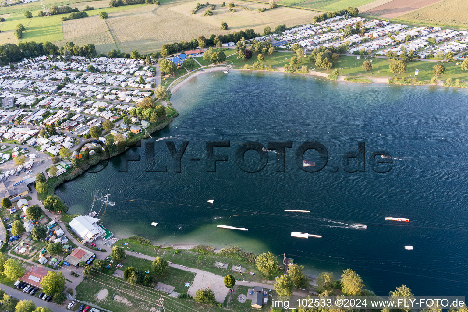 Aerial photograpy of St. Leoner See, water ski facility in the district Sankt Leon in St. Leon-Rot in the state Baden-Wuerttemberg, Germany