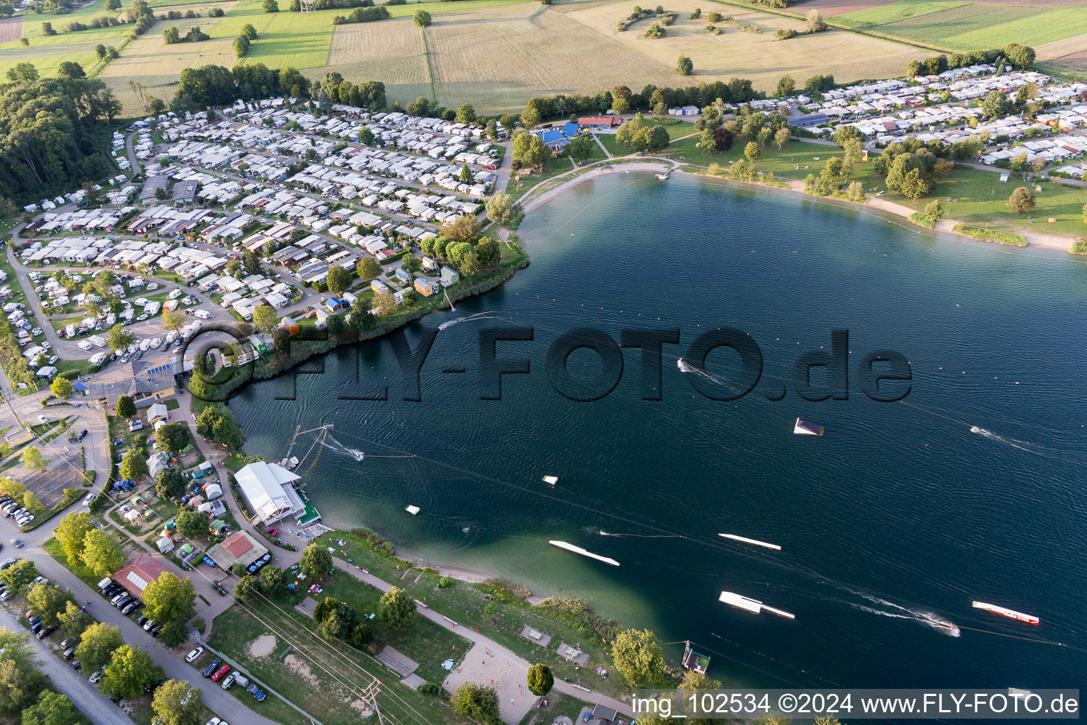 Oblique view of St. Leoner See, water ski facility in the district Sankt Leon in St. Leon-Rot in the state Baden-Wuerttemberg, Germany