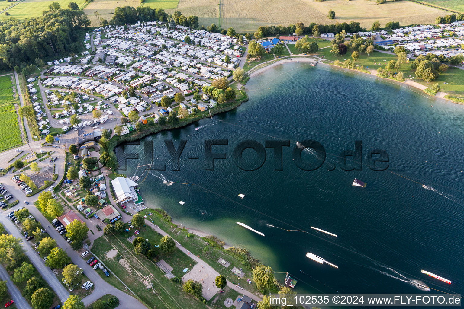 St. Leoner See, water ski facility in the district Sankt Leon in St. Leon-Rot in the state Baden-Wuerttemberg, Germany from above