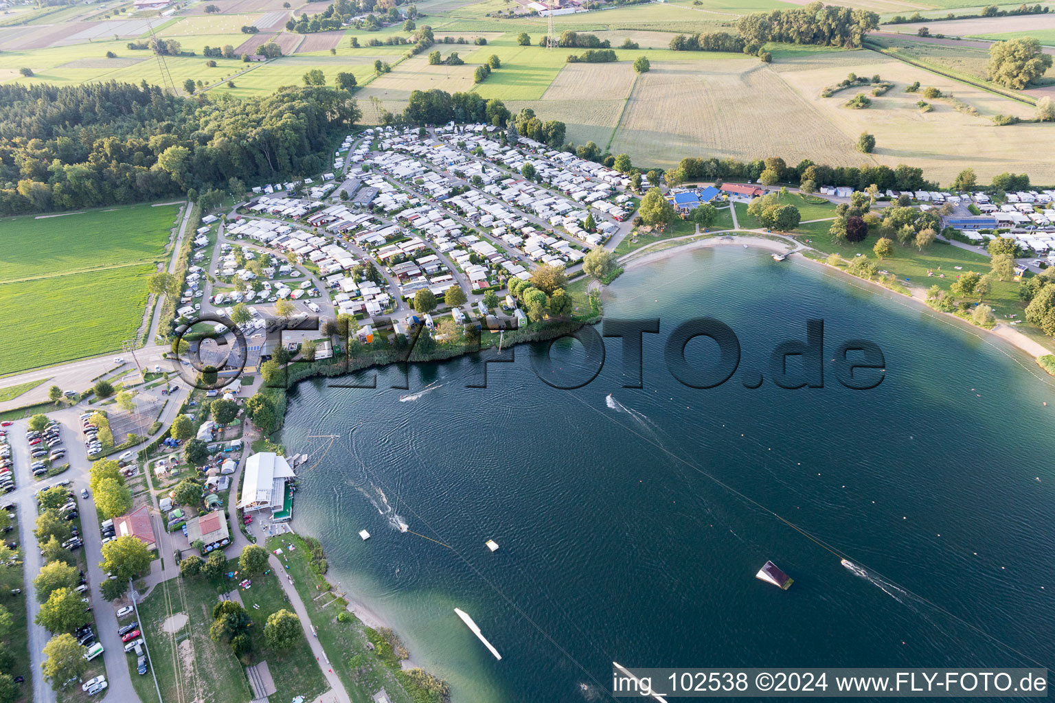 St. Leoner See, water ski facility in the district Sankt Leon in St. Leon-Rot in the state Baden-Wuerttemberg, Germany seen from above