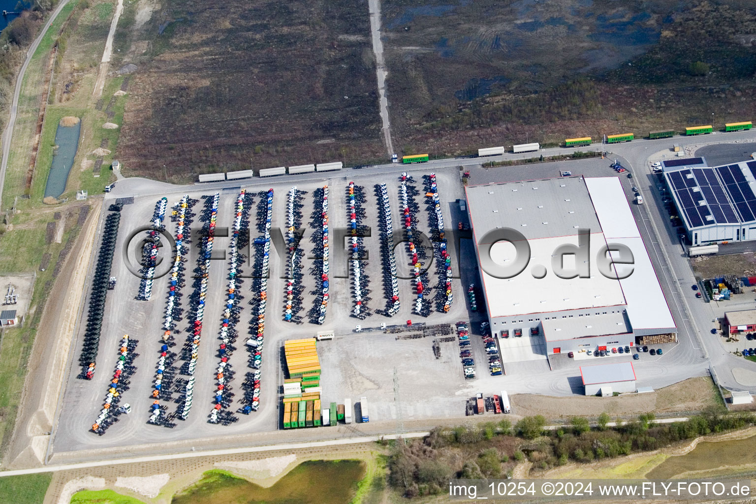 Aerial view of Oberwald industrial area, Nuss forwarding company in Wörth am Rhein in the state Rhineland-Palatinate, Germany