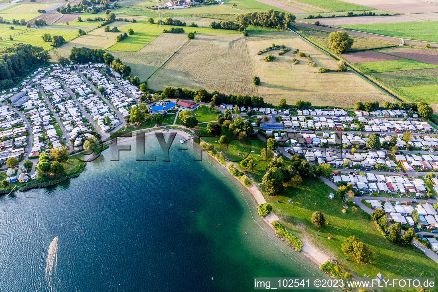 Bird's eye view of St. Leoner See, water ski facility in the district Sankt Leon in St. Leon-Rot in the state Baden-Wuerttemberg, Germany