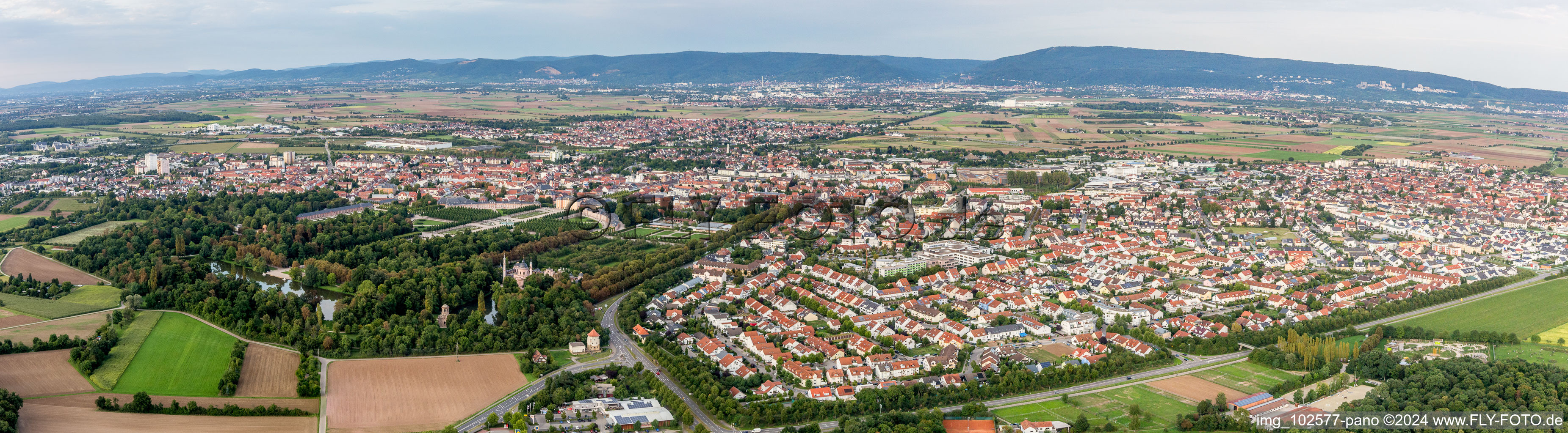 Panoramic perspective Town View of the streets and houses of the residential areas in Schwetzingen in the state Baden-Wurttemberg, Germany