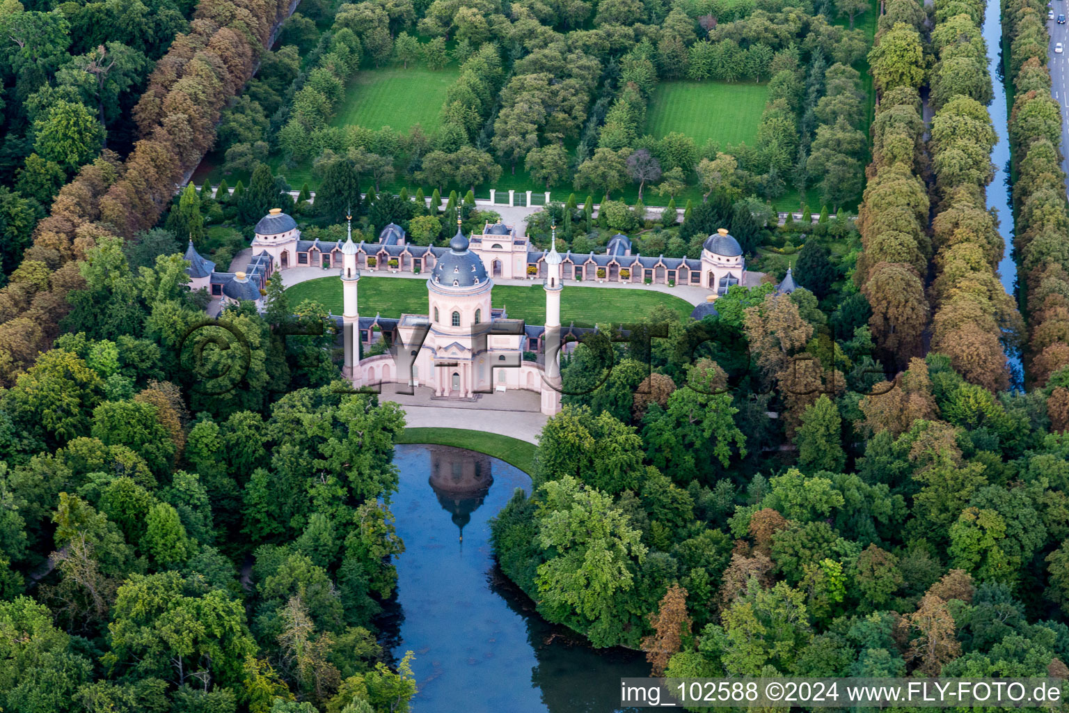 Aerial view of Building of the mosque in Schlossgarten in Schwetzingen in the state Baden-Wurttemberg, Germany