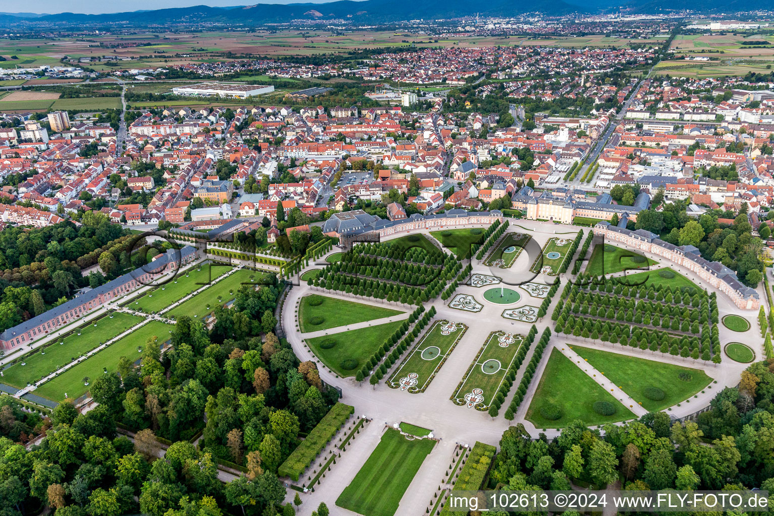 Aerial view of Building complex in the park of the castle Schloss Schwetzingen Mittelbau in Schwetzingen in the state Baden-Wurttemberg, Germany