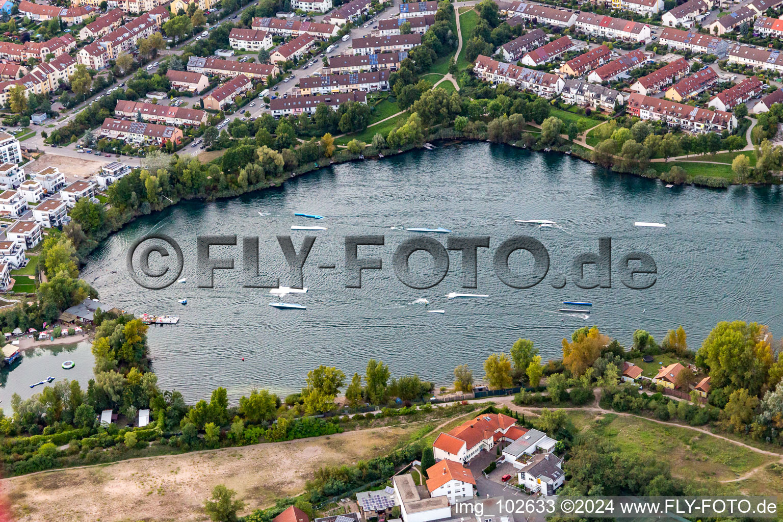 Waterskiing and wakeboarding facility on Lake Rheinau in the district Rheinau in Mannheim in the state Baden-Wuerttemberg, Germany