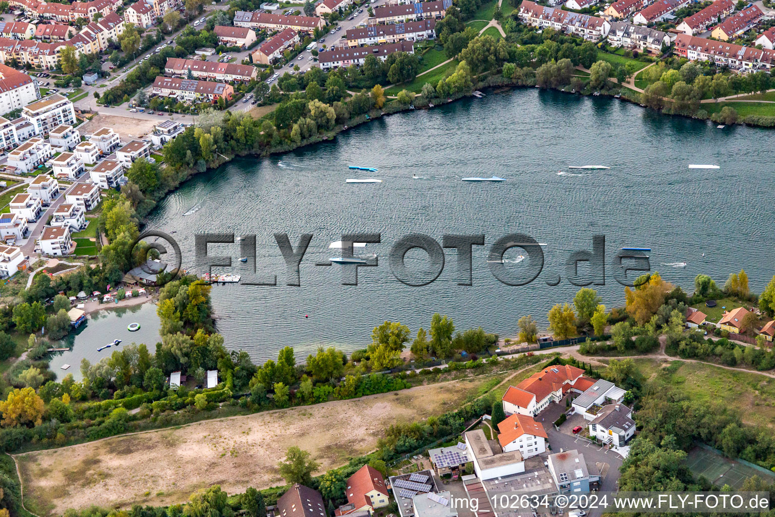 Aerial view of Waterskiing and wakeboarding facility on Lake Rheinau in the district Rheinau in Mannheim in the state Baden-Wuerttemberg, Germany