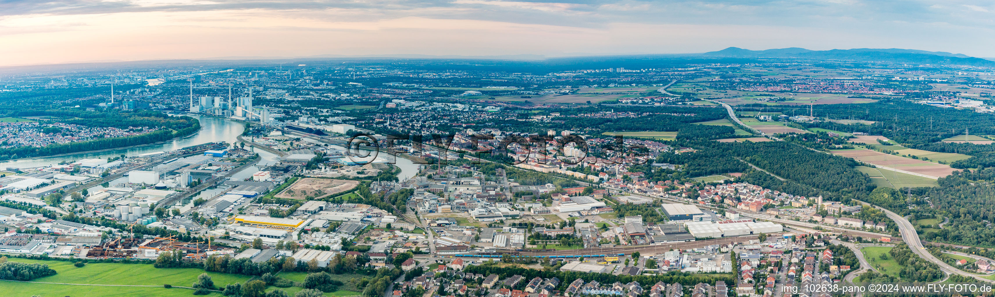 Panoramic perspective of Quays and boat moorings at the port of the inland port Rheinauhafen on Rhine in the district Rheinau in Mannheim in the state Baden-Wurttemberg, Germany