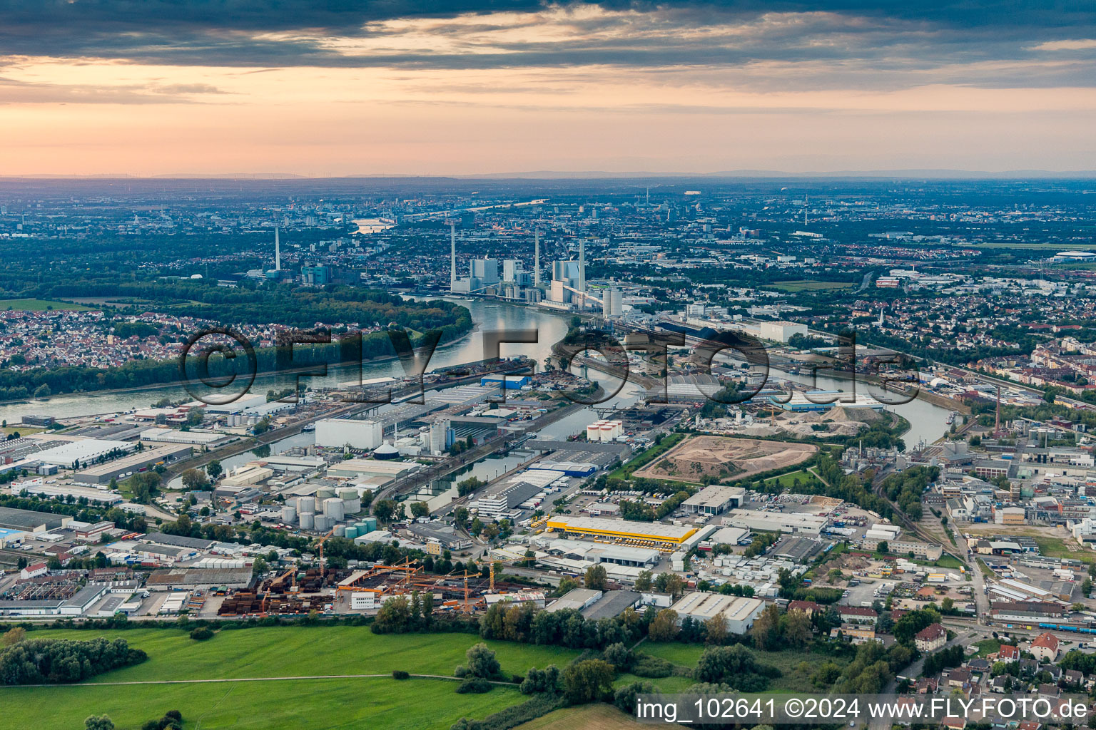 Drone recording of Rheinau Harbour in the district Rheinau in Mannheim in the state Baden-Wuerttemberg, Germany