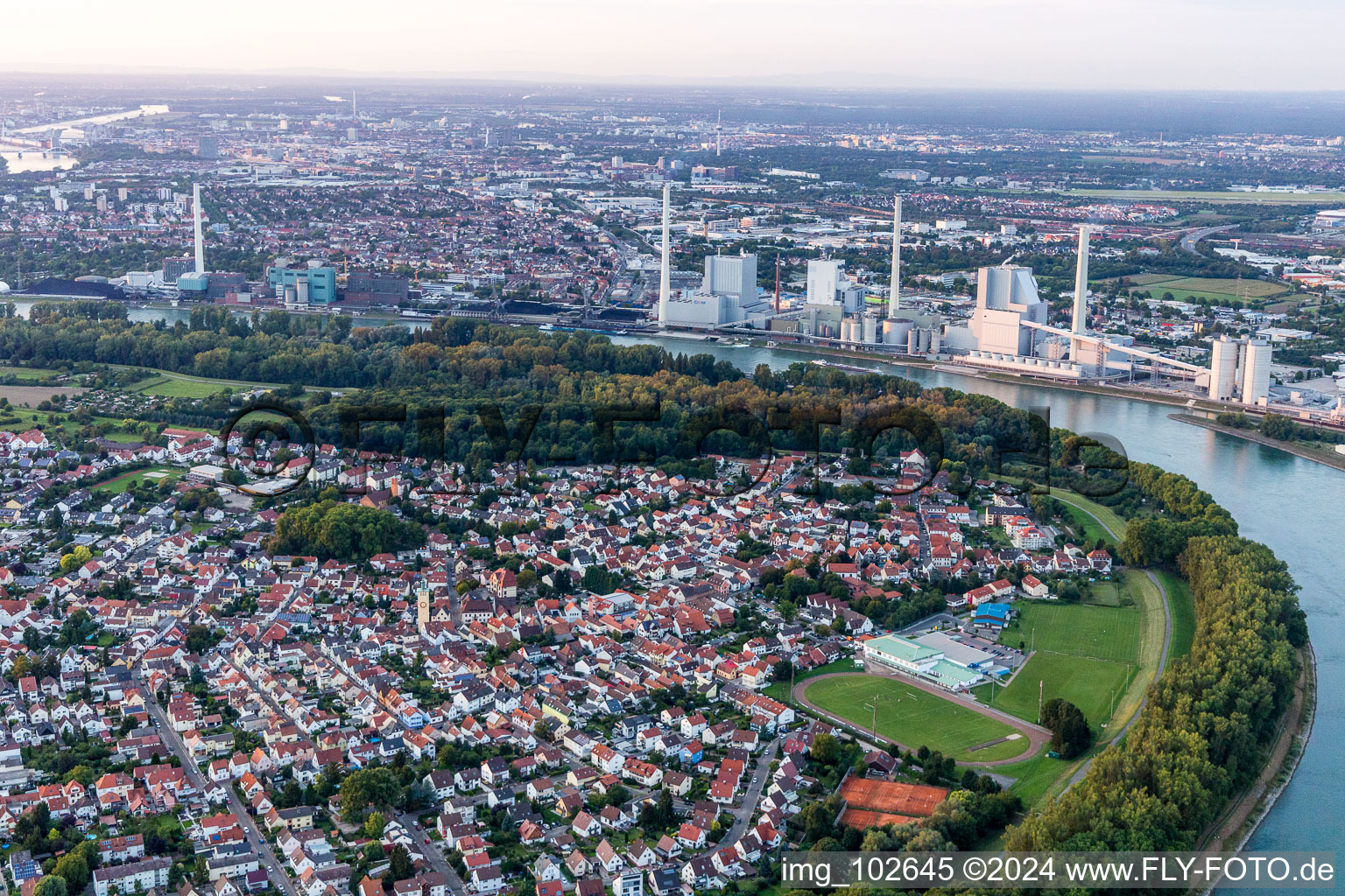 Drone recording of Altrip in the state Rhineland-Palatinate, Germany