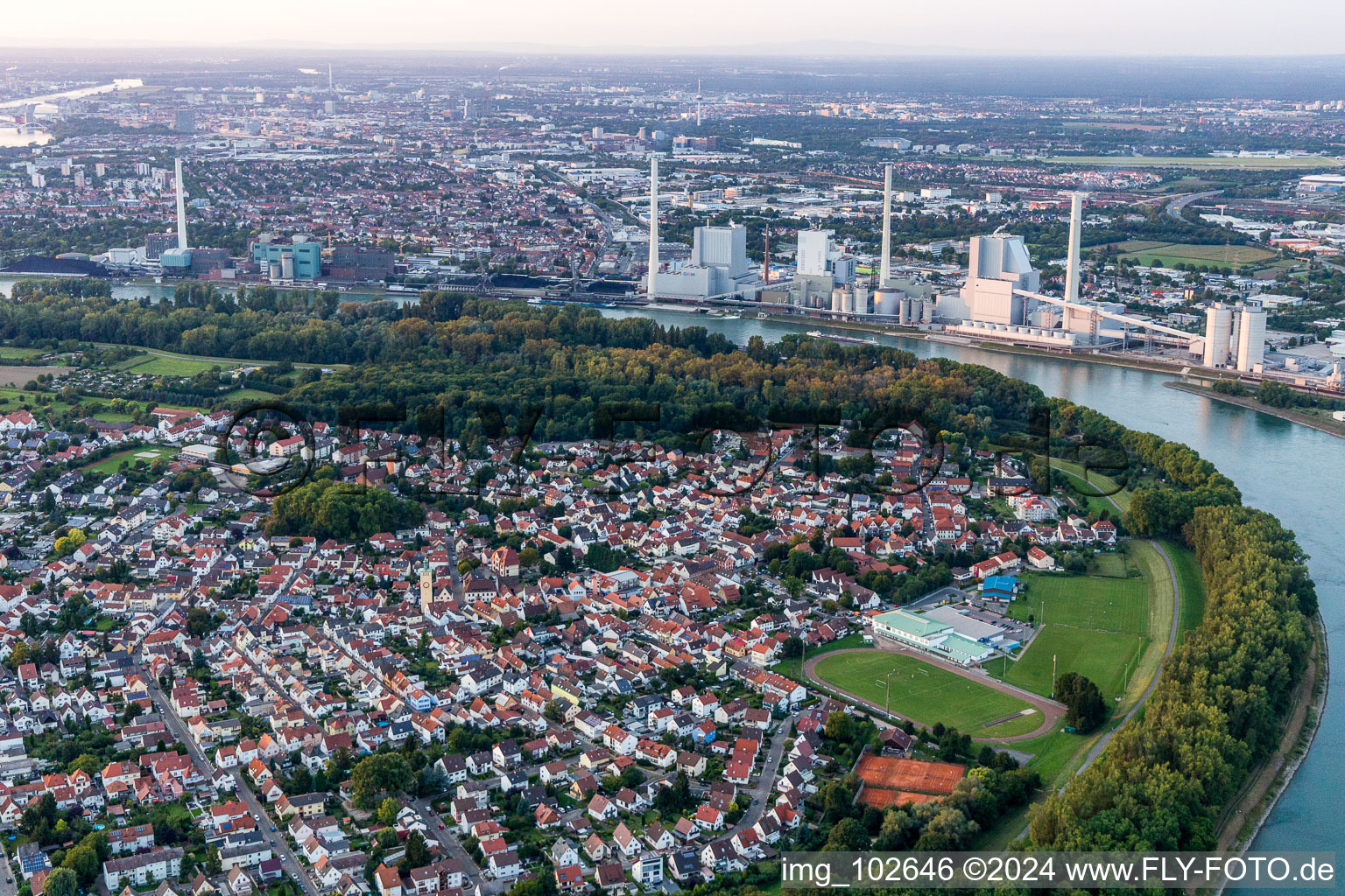 Drone image of Altrip in the state Rhineland-Palatinate, Germany