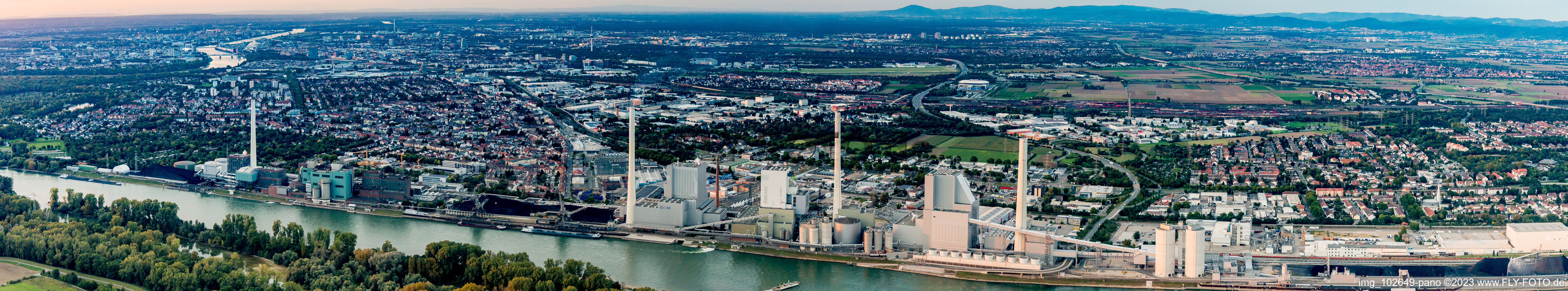Panorama of the large power plant Mannheim on the Rhine in the district Neckarau in Mannheim in the state Baden-Wuerttemberg, Germany