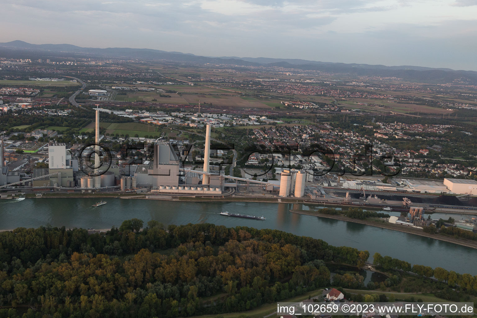 Aerial view of Large power plant Mannheim on the Rhine at Neckarau in the district Neckarau in Mannheim in the state Baden-Wuerttemberg, Germany