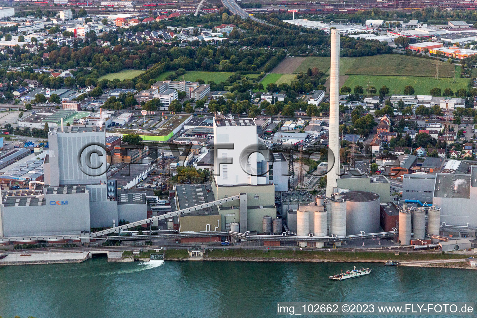 Aerial view of Large power plant Mannheim on the Rhine near Neckarau in the district Rheinau in Mannheim in the state Baden-Wuerttemberg, Germany