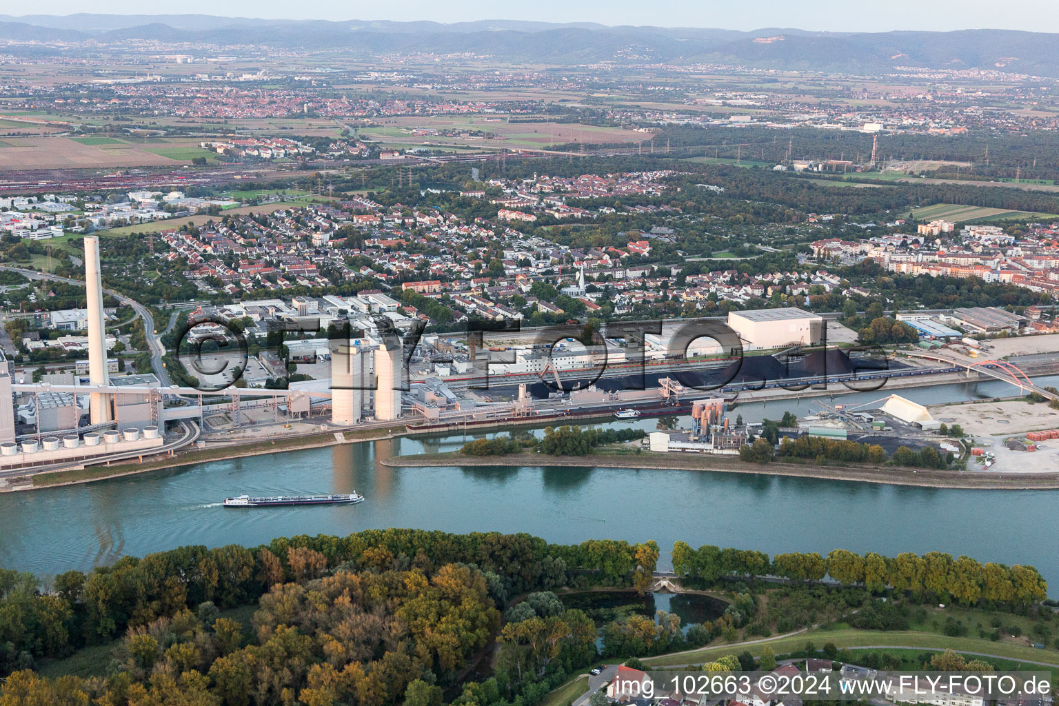 Aerial photograpy of Large power plant Mannheim on the Rhine near Neckarau in the district Rheinau in Mannheim in the state Baden-Wuerttemberg, Germany