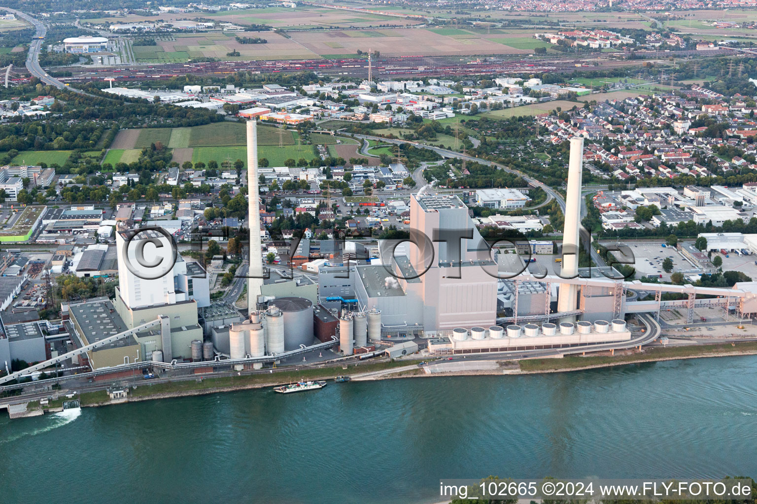 Oblique view of Large power plant Mannheim on the Rhine near Neckarau in the district Rheinau in Mannheim in the state Baden-Wuerttemberg, Germany