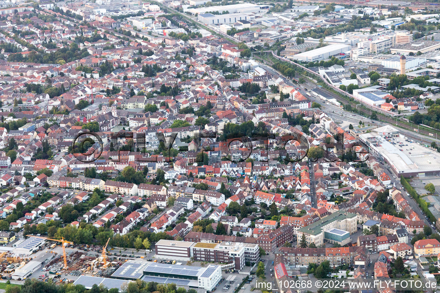 District Neckarau in Mannheim in the state Baden-Wuerttemberg, Germany seen from above