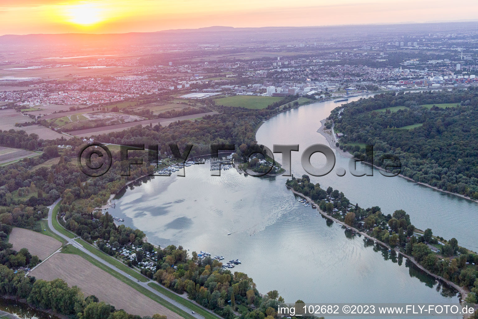 Aerial view of Altrip in the state Rhineland-Palatinate, Germany