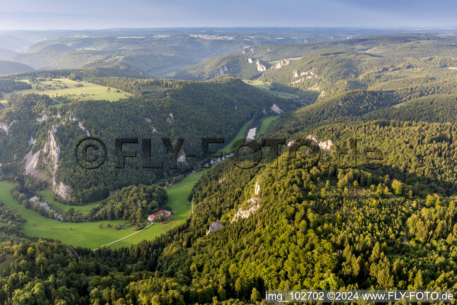 Curved loop of the riparian zones on the course of the river Danube in Buchheim in the state Baden-Wurttemberg, Germany