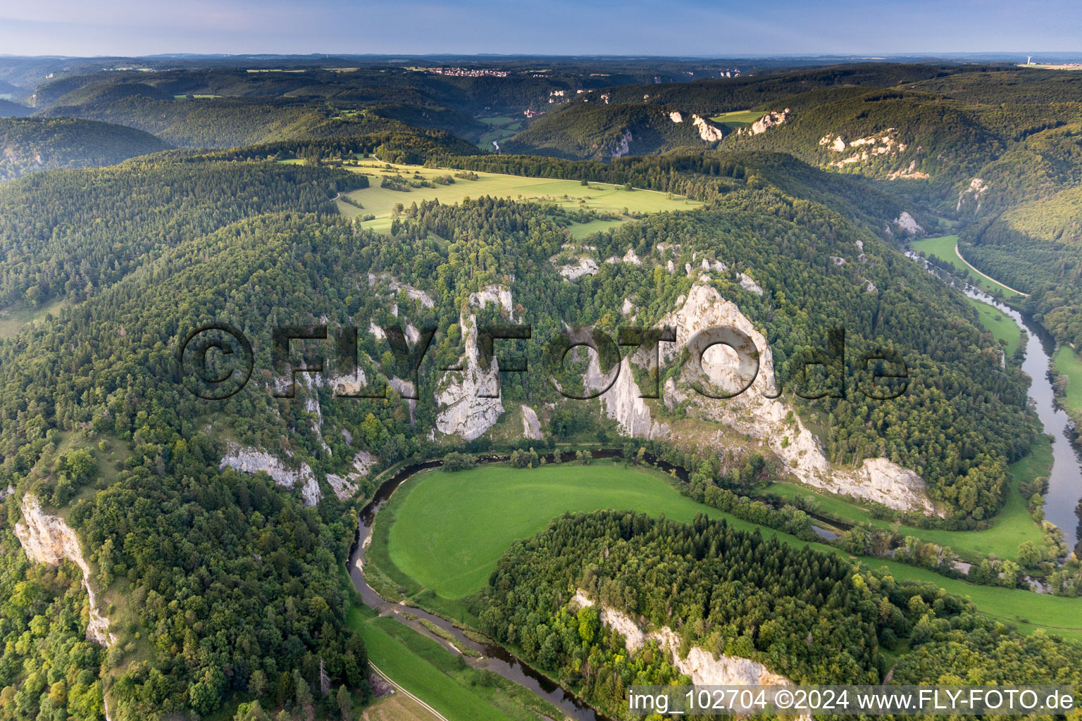 Aerial view of Curved loop of the riparian zones on the course of the river Danube in Buchheim in the state Baden-Wurttemberg, Germany